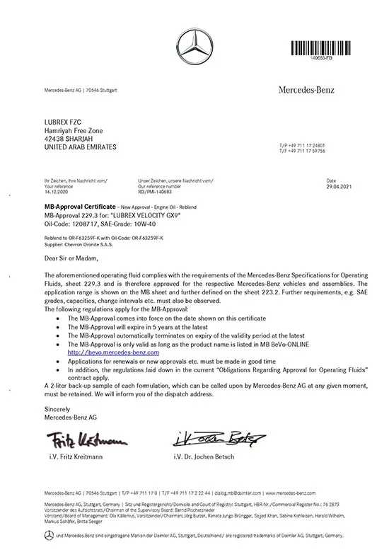 Mercedes-Benz MB-229.3 approval certificate copy